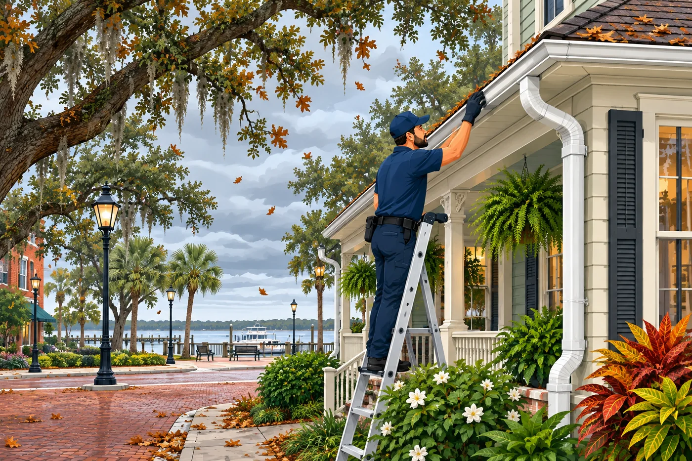 Illustration: gutters and a downspout at a Sanford-area home in Florida weather